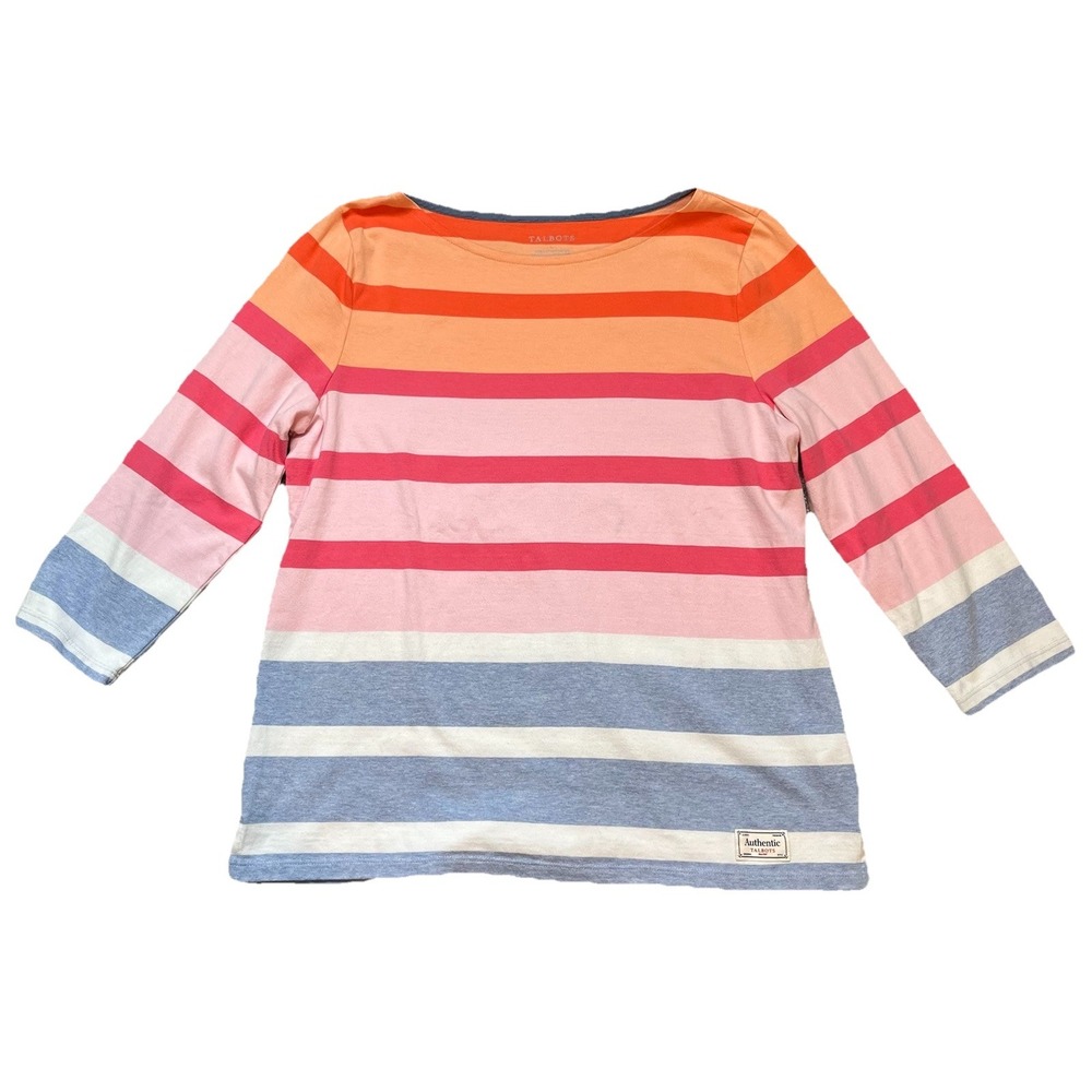 Talbots Stripe Ballet Neck 3/4 Sleeve Top L 100% Cotton Soft Travel Resort - Picture 1 of 7